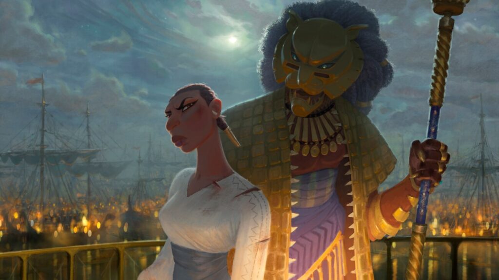 (L-R): Noni (Winnie Harlow) and The Lion (Cress Williams) in Marvel Animation's EYES OF WAKANDA, exclusively on Disney+. Photo courtesy of Marvel.