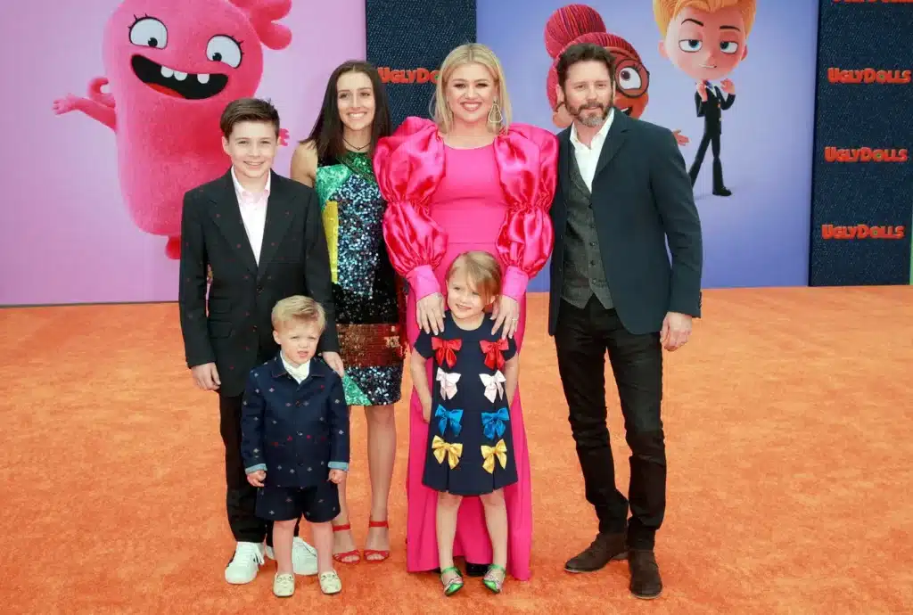 From left, Seth Blackstock, Remington Alexander Blackstock, Savannah Blackstock, Kelly Clarkson, River Rose Blackstock and Brandon Blackstock attend STX Films World Premiere of "UglyDolls" at Regal Cinemas L.A. Live on April 27, 2019, in Los Angeles.