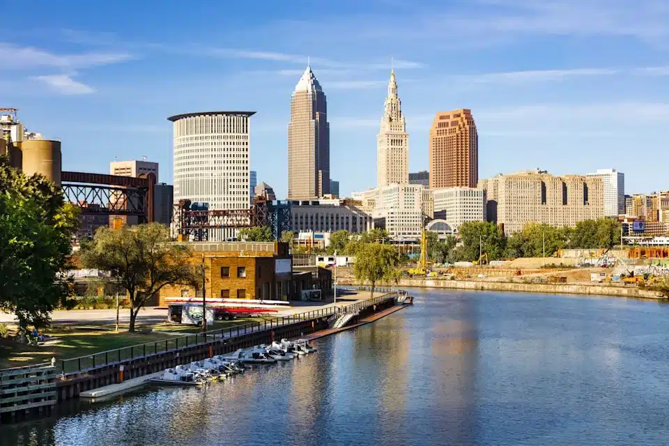 The Cuyahoga River winds its way through the city of Cleveland, Ohio.