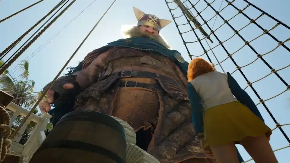 Brendan Sean Murray as Brogy, Emily Rudd as Nami in season 2 of One Piece. Cr. Courtesy of Netflix © 2025