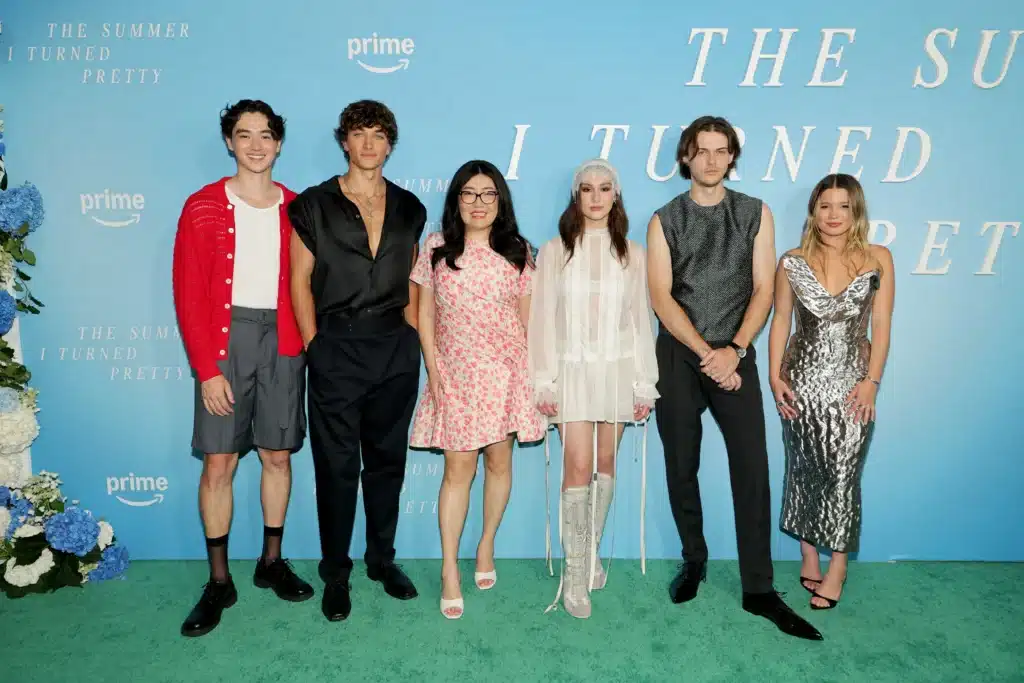 NEW YORK, NEW YORK - JULY 16: (L-R) Sean Kaufman, Gavin Casalegno, Jenny Han, Lola Tung, Christopher Briney and Rain Spencer attend "The Summer I Turned Pretty" Season 3 New York Launch Event at Refinery Rooftop on July 16, 2025 in New York City. 